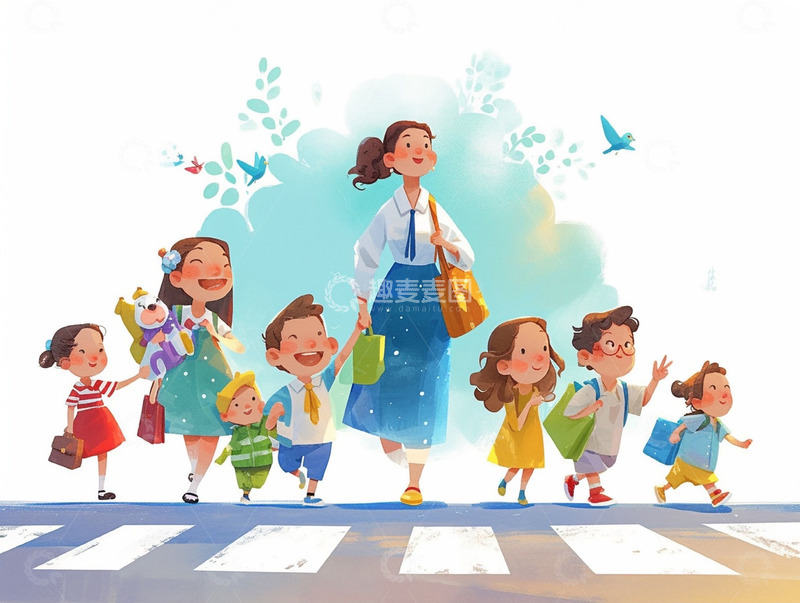 高清大图下载【趣麦麦图】老师带孩子过马路