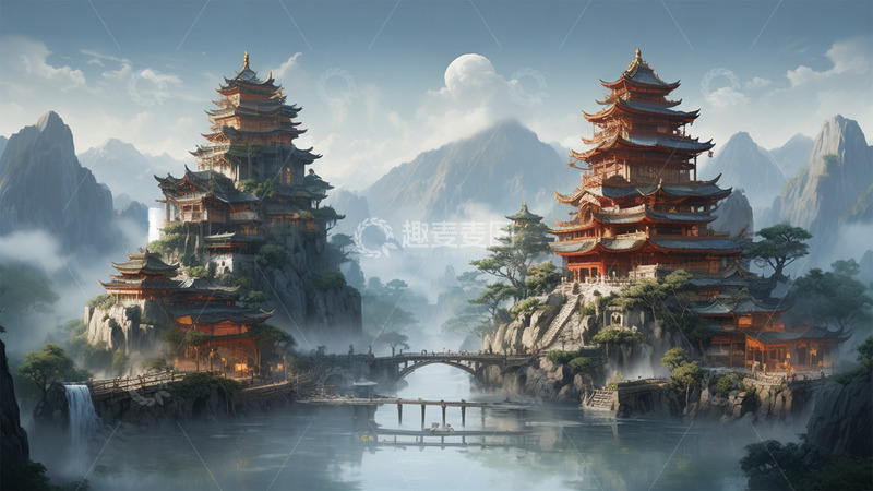 高清大图下载【趣麦麦图】建筑中式瀑布山水场景风景