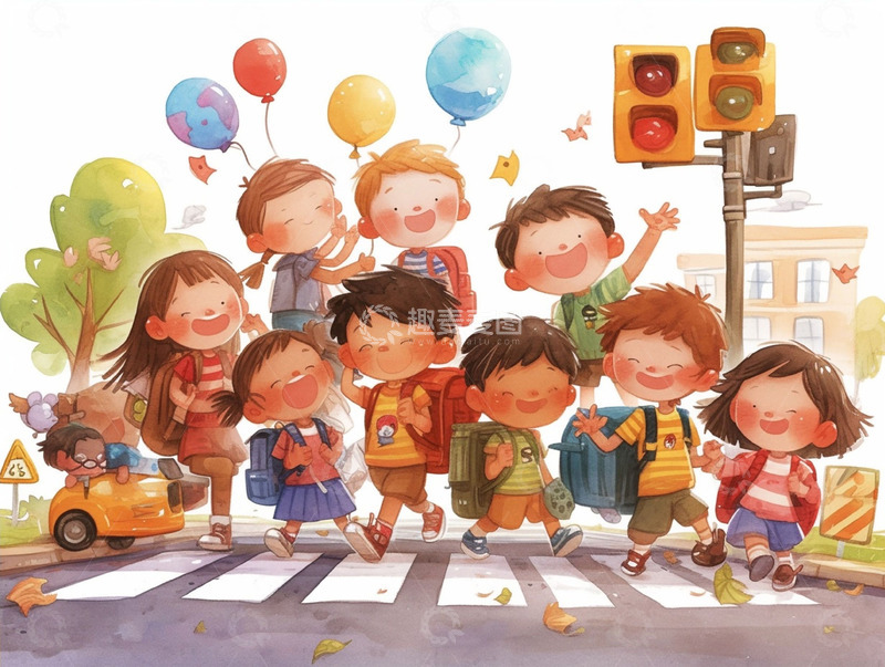 高清大图下载【趣麦麦图】幼儿园小朋友过马路场景