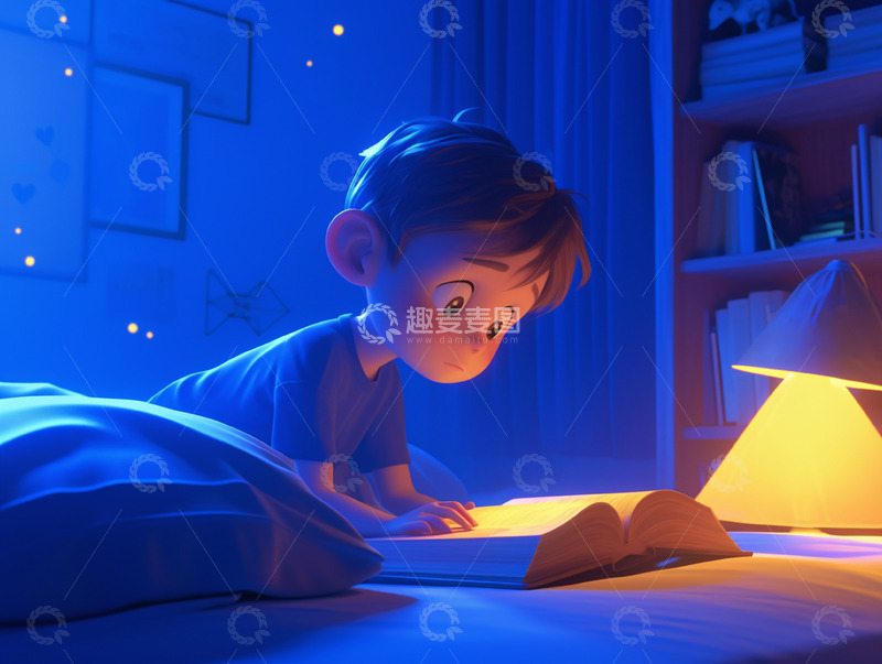 高清大图下载【趣麦麦图】小男孩看睡前读物