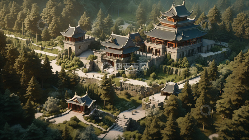 高清大图下载【趣麦麦图】中国风绿色植物建筑场景