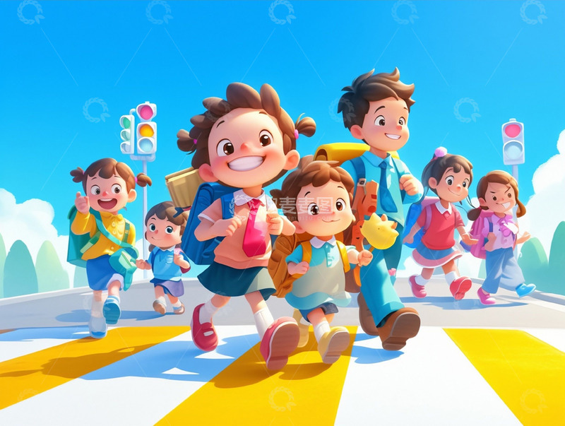 高清大图下载【趣麦麦图】小朋友安全过马路场景