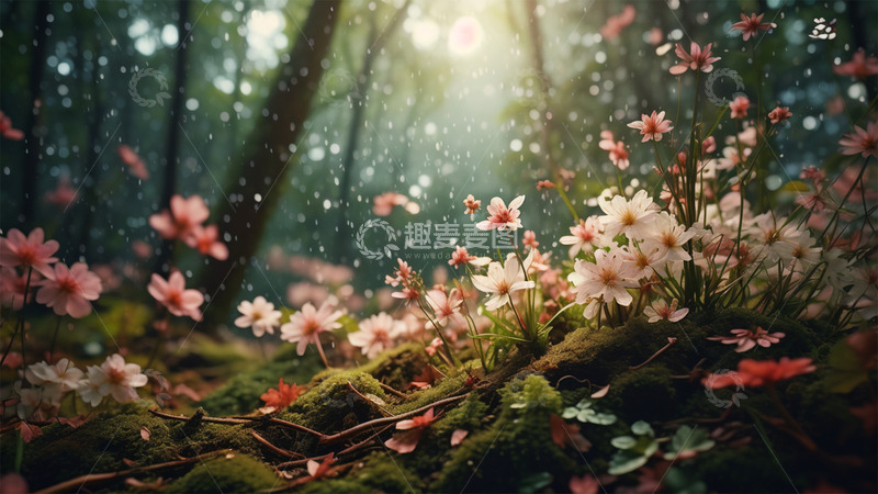 春天鲜花自然下雨生机唯美场景