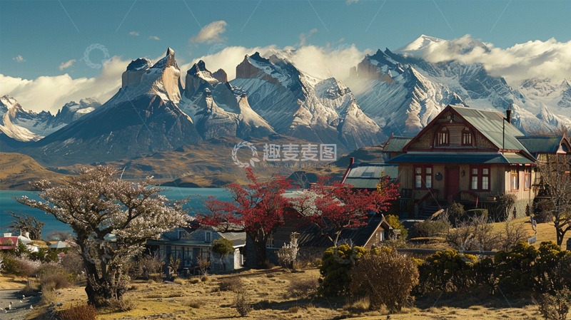 高清大图下载【趣麦麦图】山水雪山房屋植物场景