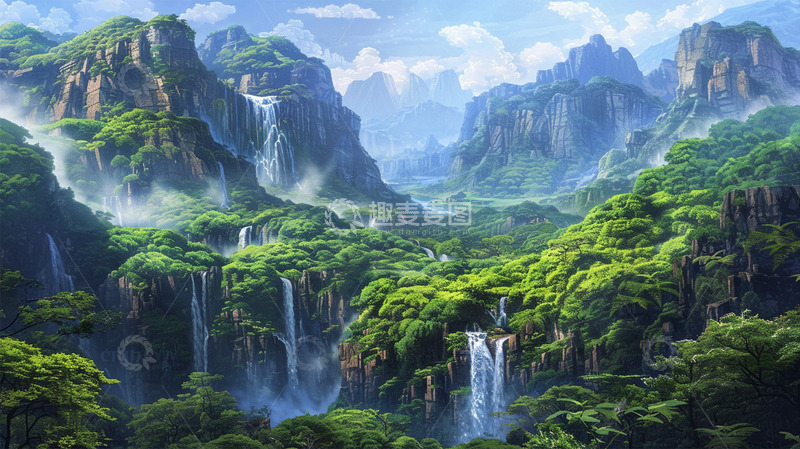 高清大图下载【趣麦麦图】春天山水瀑布绿色唯美风景场景
