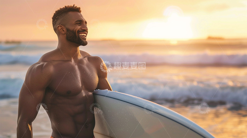 高清大图下载【趣麦麦图】男肌肉帅哥海边太阳冲浪