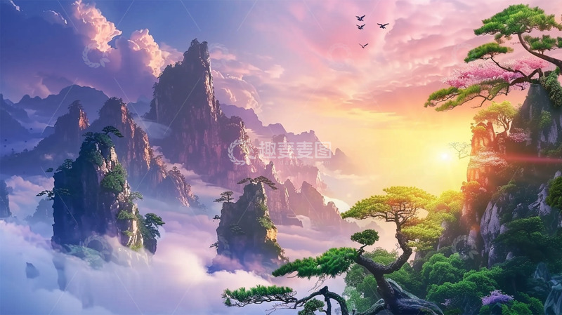 高清大图下载【趣麦麦图】中国风山水唯美场景松树植物