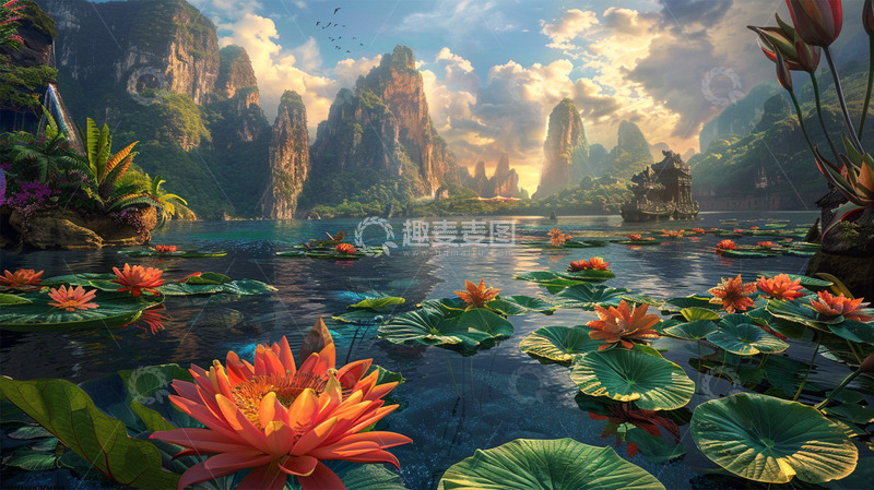 高清大图下载【趣麦麦图】中国风山水荷花湖水建筑场景