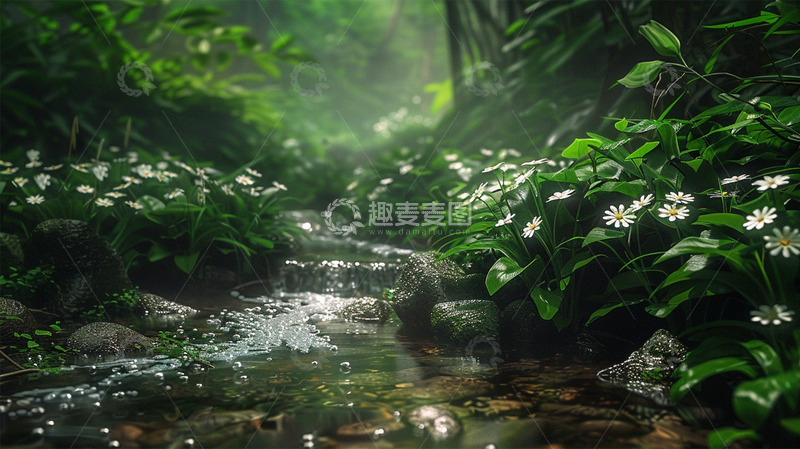 高清大图下载【趣麦麦图】春天绿色植物小溪鲜花场景