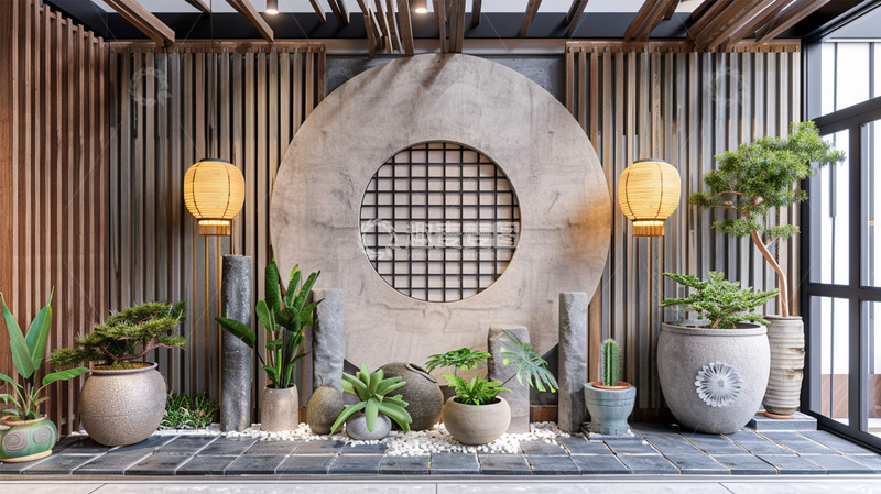 中国风建筑庭院植物灯笼场景