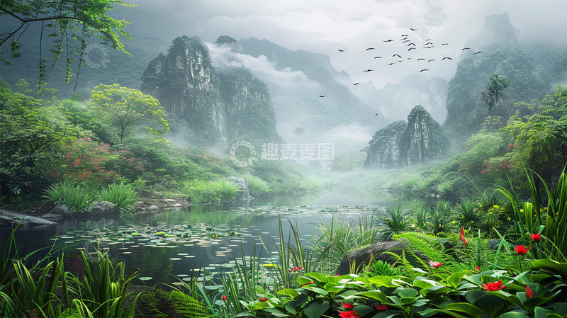 高清大图下载【趣麦麦图】中国风山水植物树湖风景场景