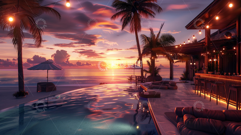 高清大图下载【趣麦麦图】酒店露天泳池落日背景