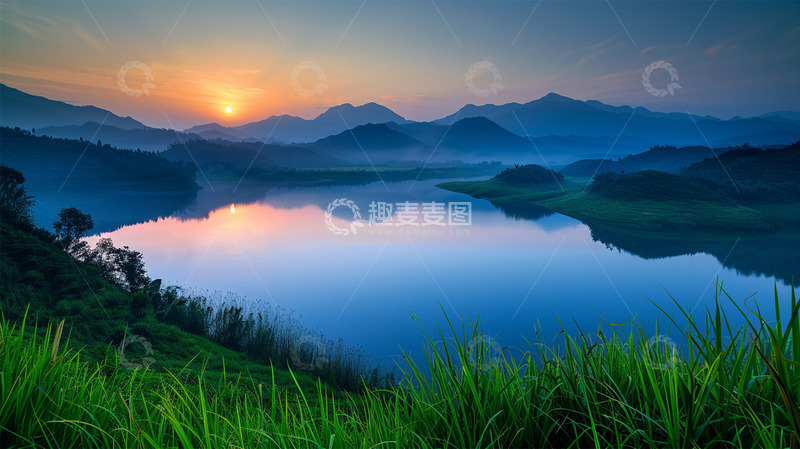 春天山水湖水绿色蓝色唯美场景风景
