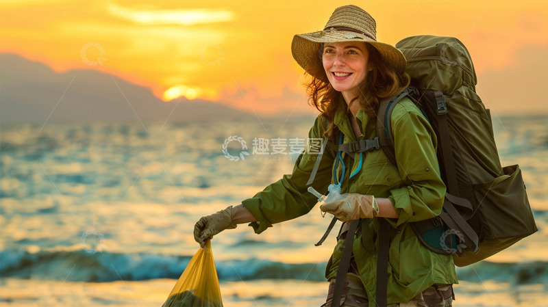 高清大图下载【趣麦麦图】环保人物垃圾海边美女场景