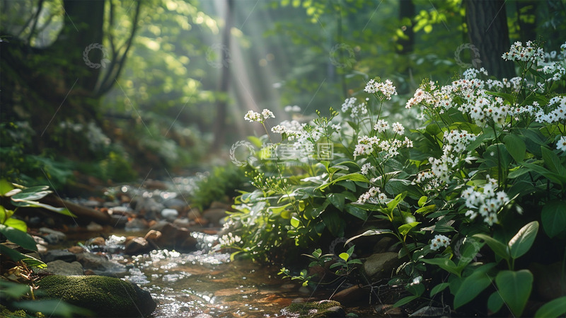 高清大图下载【趣麦麦图】春天绿色植物鲜花小溪场景
