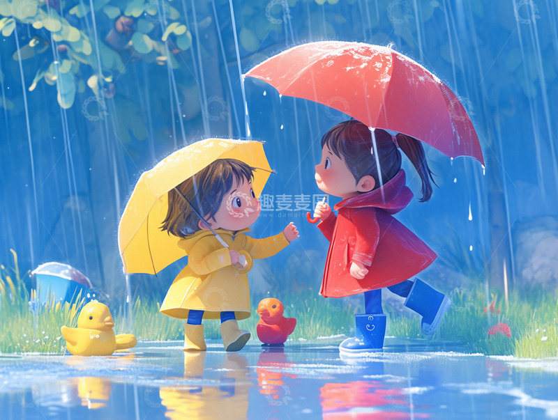 高清大图下载【趣麦麦图】春日下雨打伞的儿童