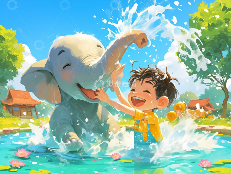 高清大图下载【趣麦麦图】泼水节男孩和大象嬉戏玩耍