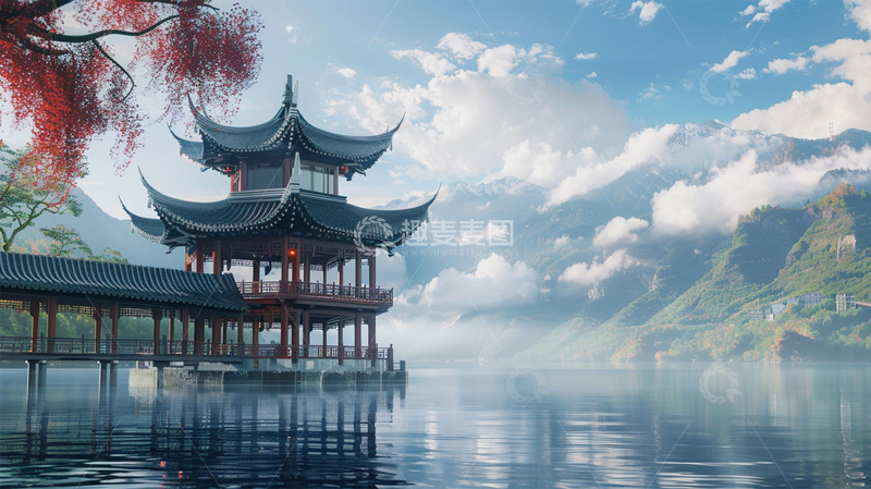 高清大图下载【趣麦麦图】中国风中式建筑湖山水植物场景