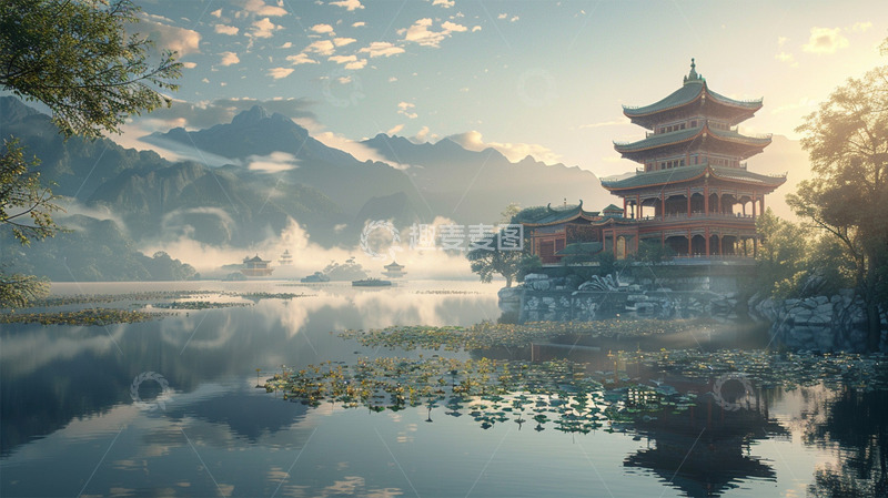 高清大图下载【趣麦麦图】中国风中式建筑山水湖自然美景