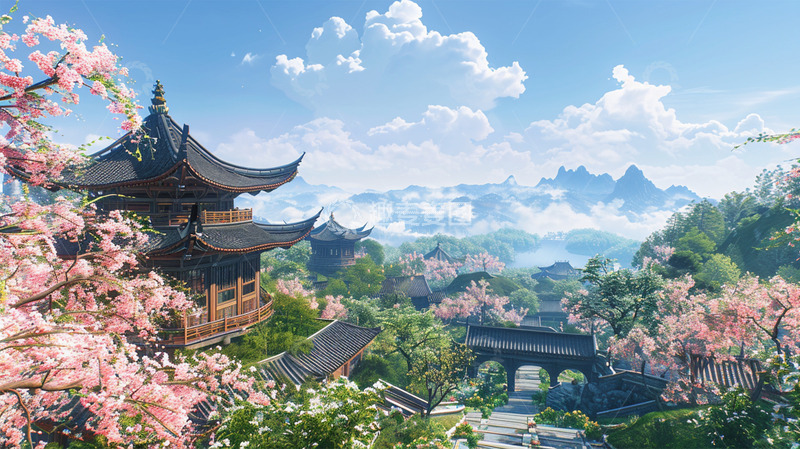 高清大图下载【趣麦麦图】中国风建筑山蓝天白云植物鲜花场景