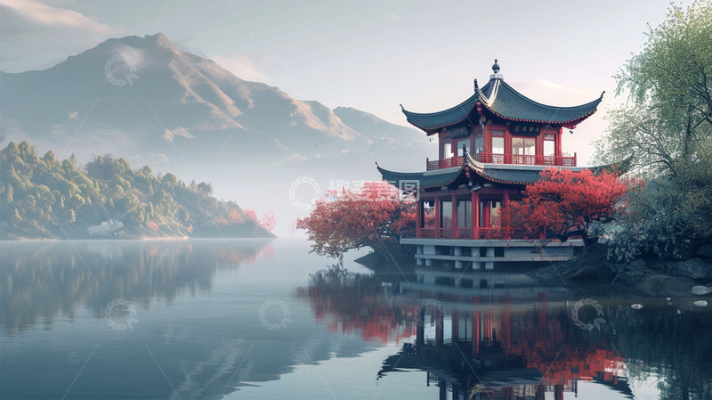 高清大图下载【趣麦麦图】中国风建筑场景山水自然风景