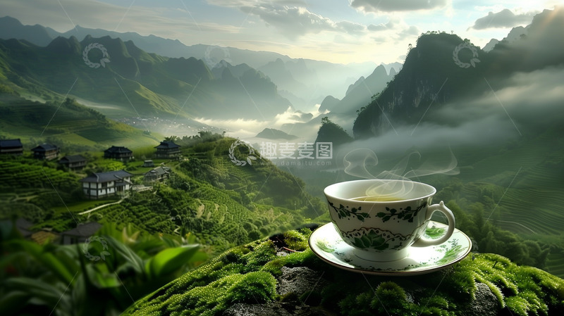 高清大图下载【趣麦麦图】山水风光茶杯AI摄影图