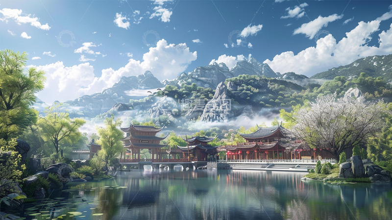 高清大图下载【趣麦麦图】中式建筑山水湖水植物场景