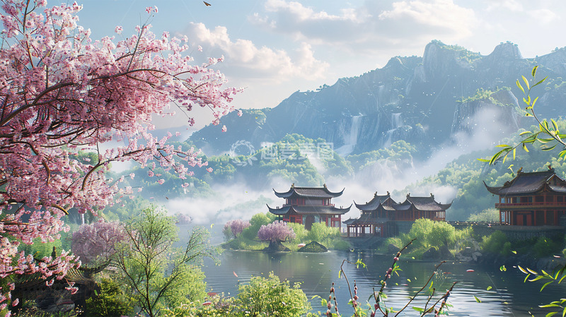 高清大图下载【趣麦麦图】春天中式建筑山水瀑布鲜花植物场景