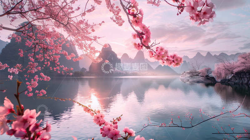 高清大图下载【趣麦麦图】桃花山水湖泊唯美场景风景