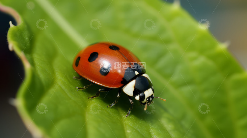 高清大图下载【趣麦麦图】停落在绿叶上的七星瓢虫