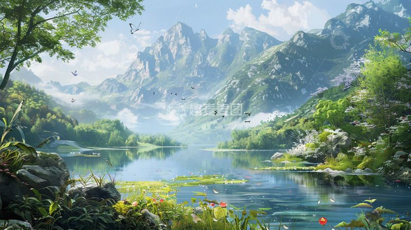 高清大图下载【趣麦麦图】山水春天湖水植物鲜花唯美场景