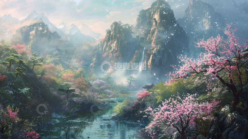 高清大图下载【趣麦麦图】春天山水瀑布鲜花唯美植物场景