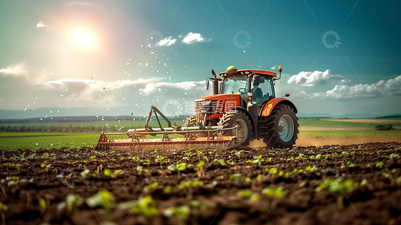 高清大图下载【趣麦麦图】拖拉机耕种田地AI摄影图