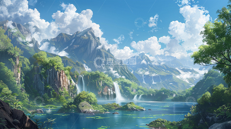 高清大图下载【趣麦麦图】春天山水瀑布蓝天白云唯美场景
