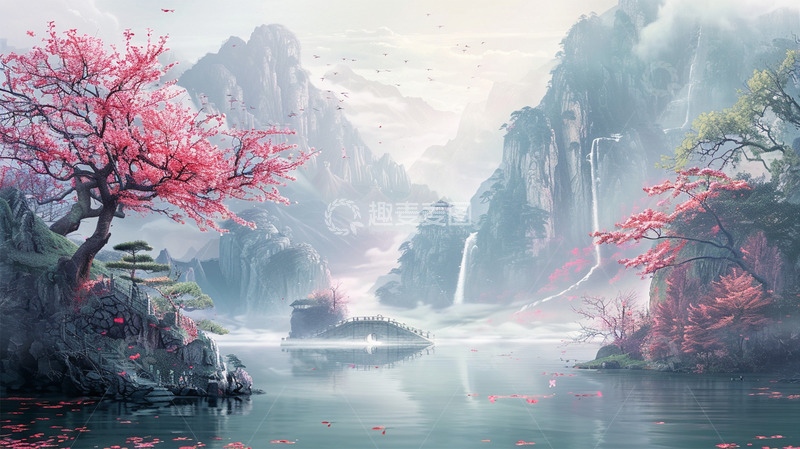 高清大图下载【趣麦麦图】中国风山水瀑布桥植物唯美场景