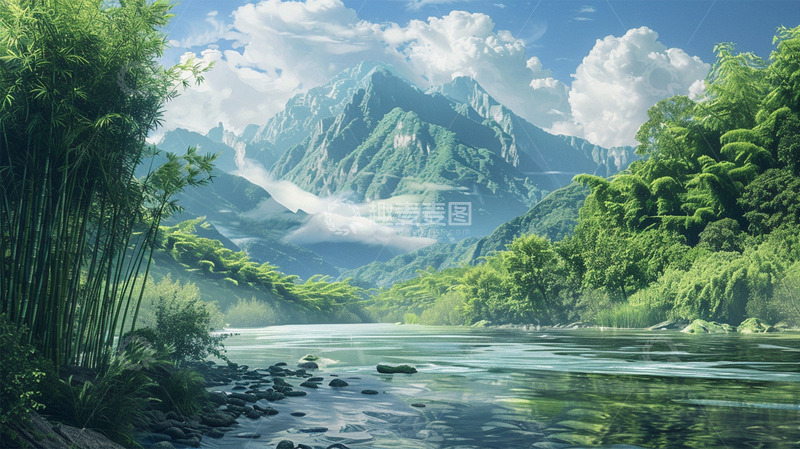 高清大图下载【趣麦麦图】山水场景唯美春天蓝天白云