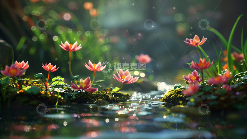 高清大图下载【趣麦麦图】春天鲜花植物小溪绿色唯美场景