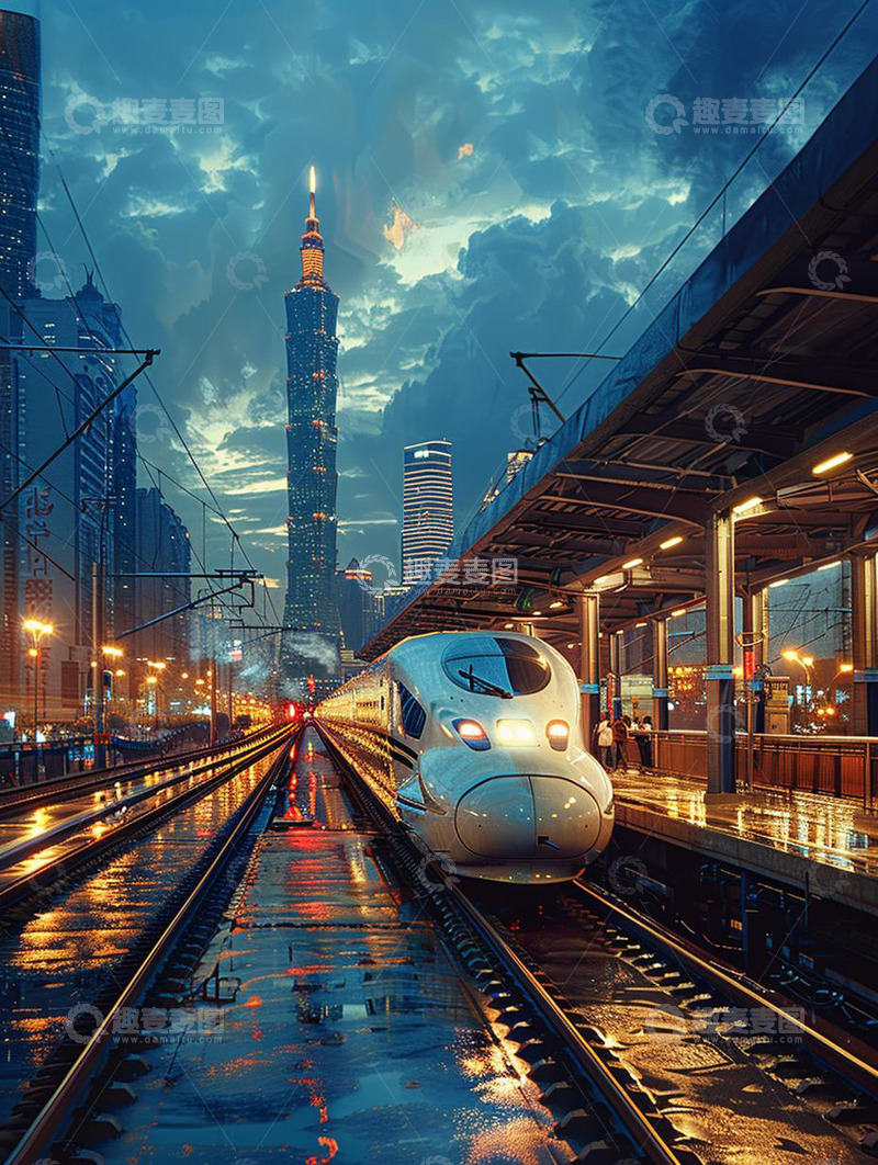 高清大图下载【趣麦麦图】城市夜晚高铁车站站台