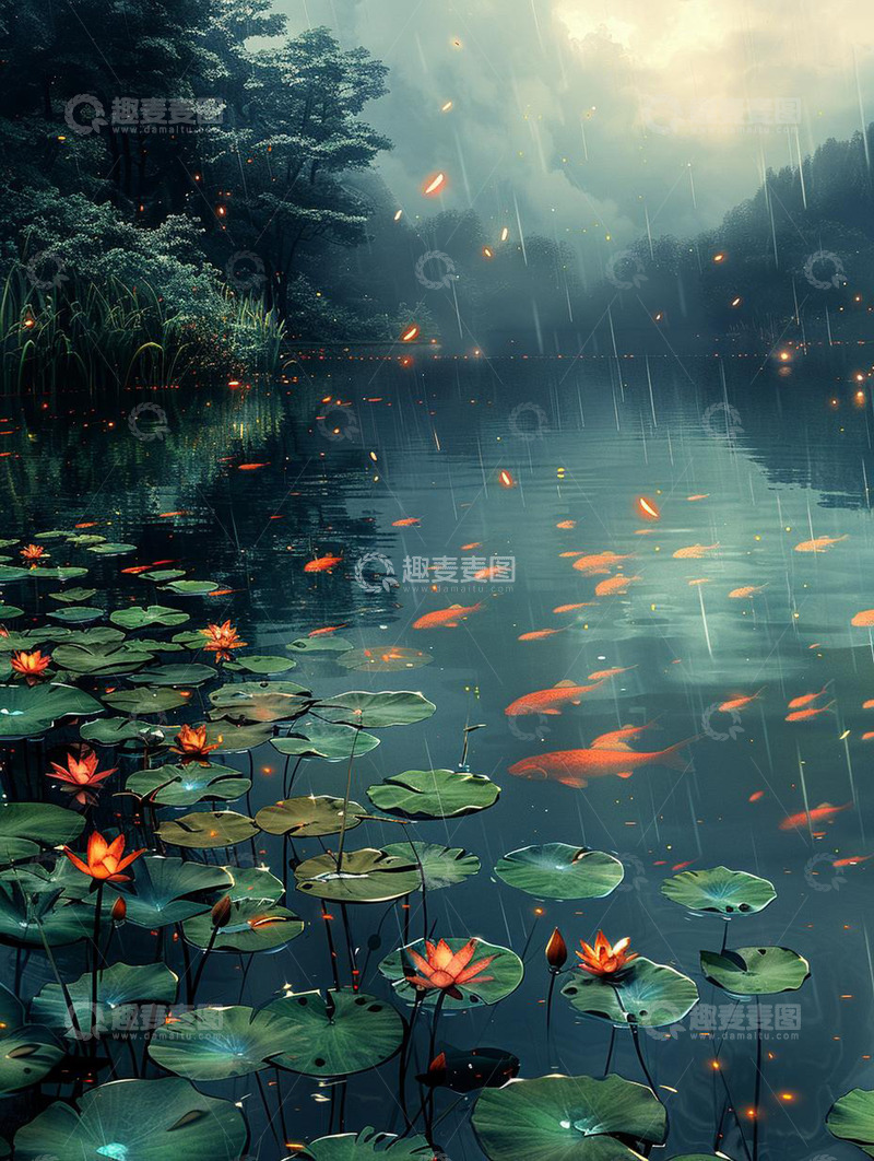 高清大图下载【趣麦麦图】谷雨雨水夏季荷塘