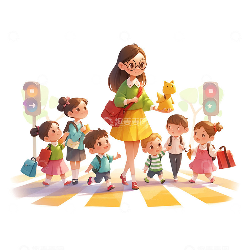 幼儿园教师带孩子过斑马线