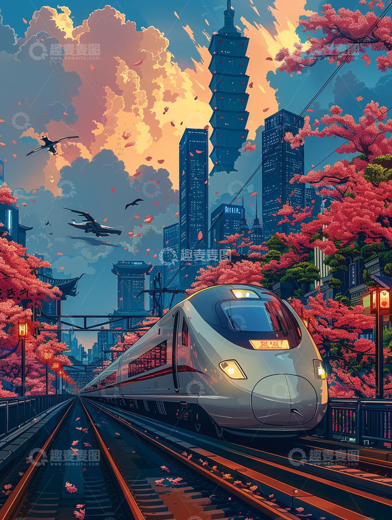 高清大图下载【趣麦麦图】春季樱花列车浪漫背景