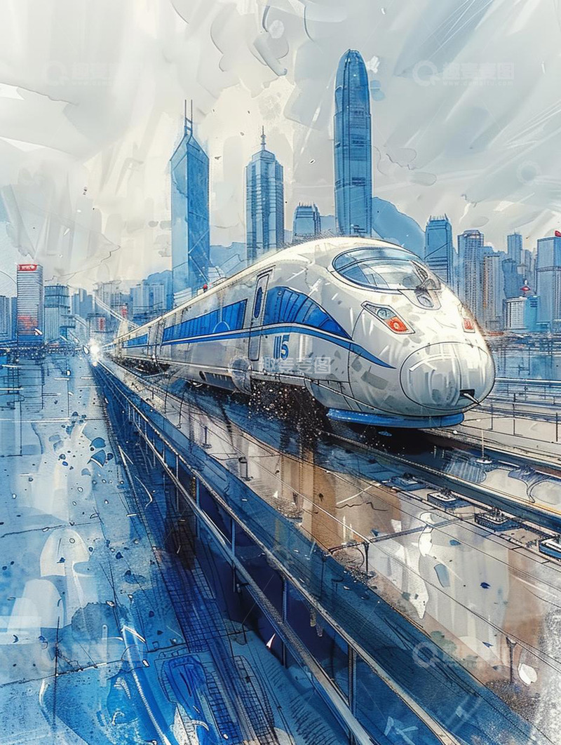 高清大图下载【趣麦麦图】高铁列车水彩涂鸦