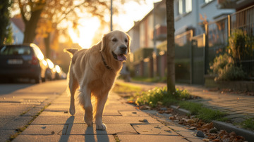 在阳光下走的金毛