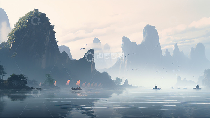 高清大图下载【趣麦麦图】中国风山水船云雾唯美场景