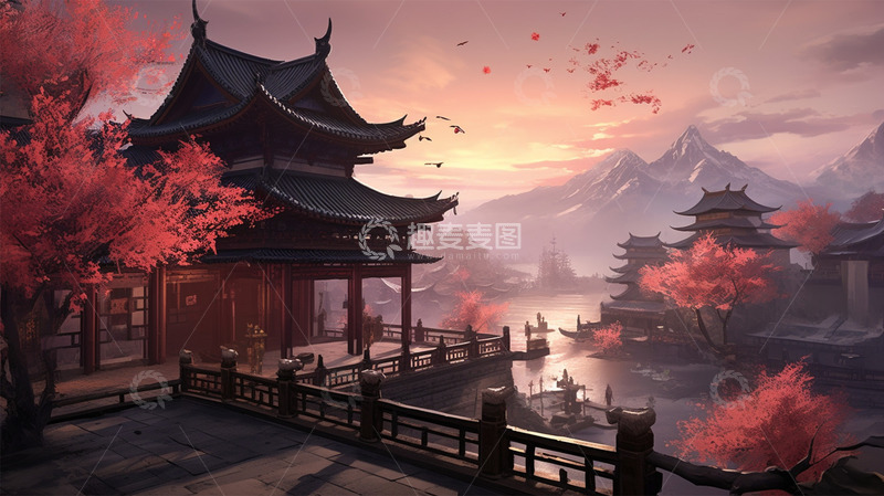 中国风中式建筑山水唯美场景