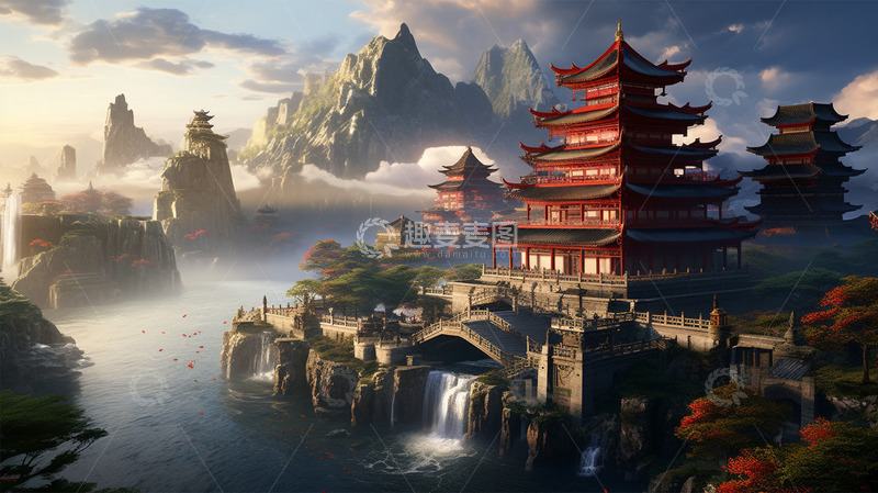 高清大图下载【趣麦麦图】中国风山水建筑唯美云雾场景