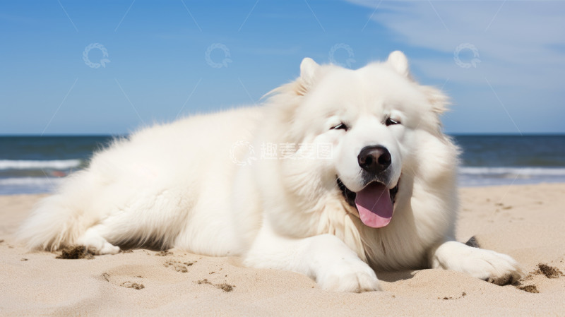 高清大图下载【趣麦麦图】趴在沙滩上的萨摩