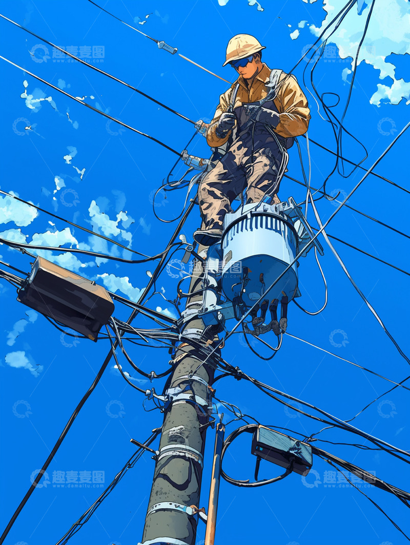 电线杆上工作人员