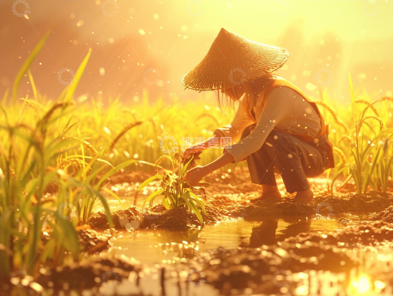 高清大图下载【趣麦麦图】夕阳中插秧的人