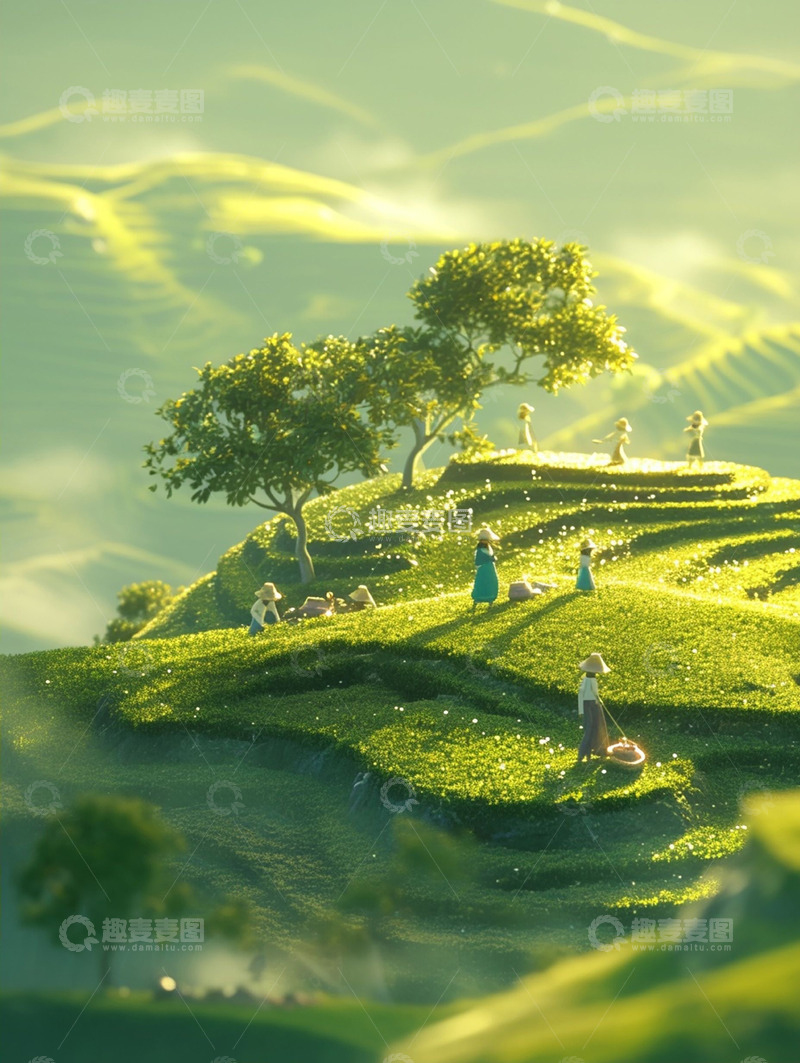 春天茶山采茶场景